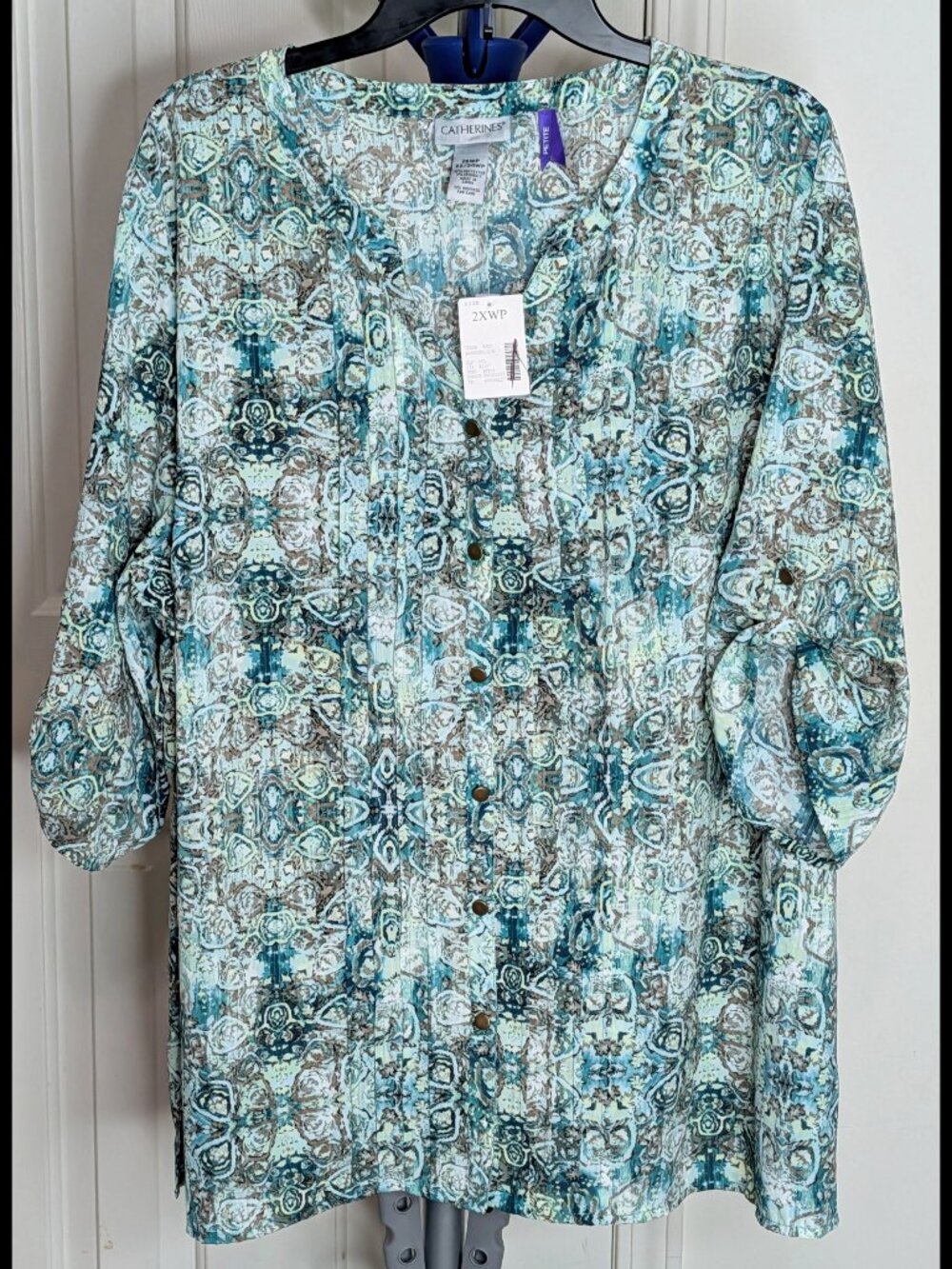 Nice NWT CATHERINES 2X 2XWP Petite Green, Teal & White Stretch Buttondown Blous